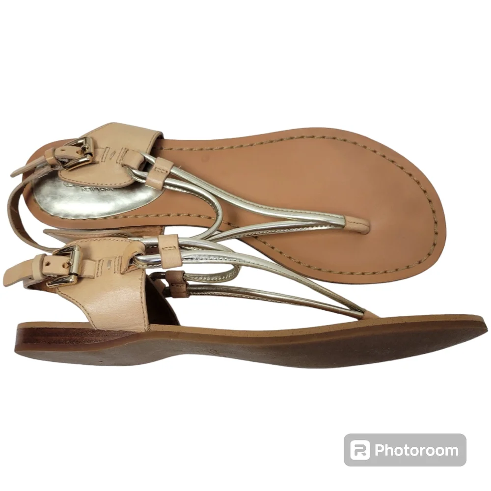 Coach Beige and Metallic Gold Leather T-Strap Sandals - Picture 6 of 16